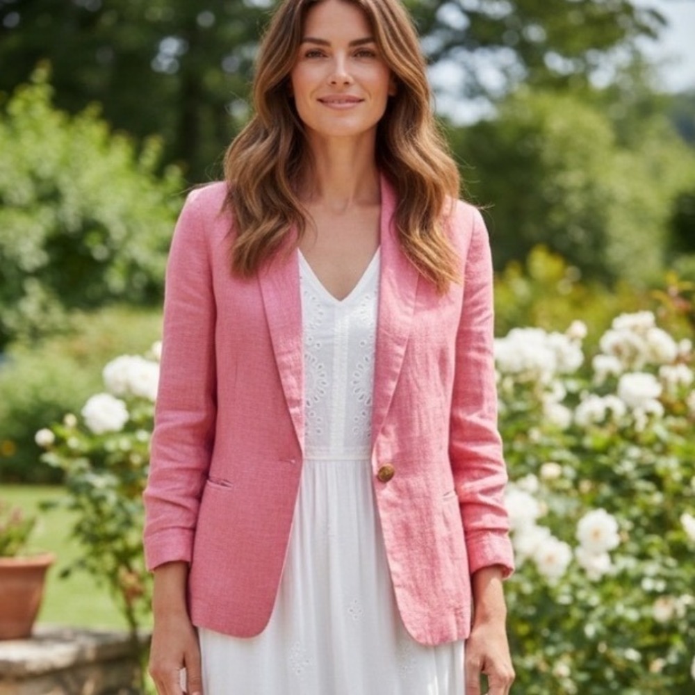 Draper James‎ RSVP Coral Pink Linen Blend Single Button Blazer Jacket Women XXL